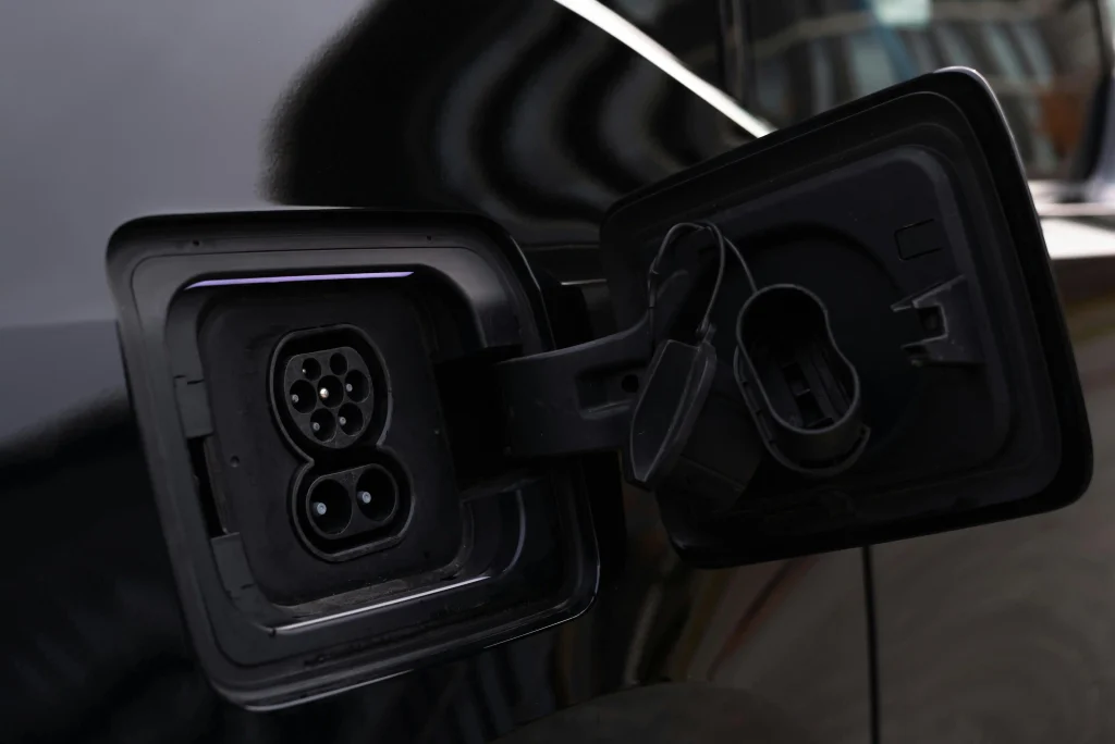Close-up of CCS charging port on electric vehicle to know NACS VS CCS
