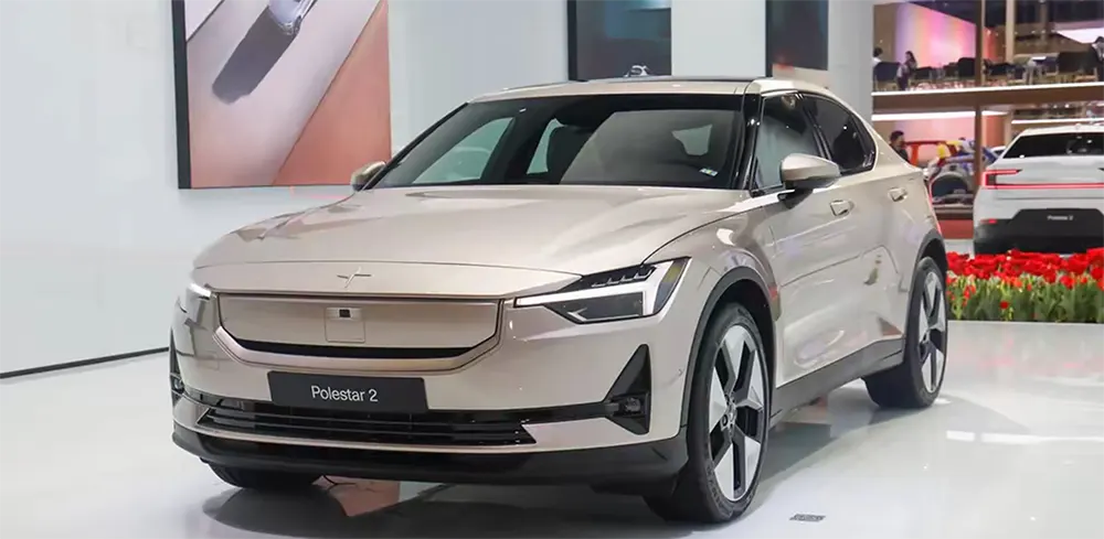 How to charge Polestar 2: A champagne gold Polestar 2 in the showroom