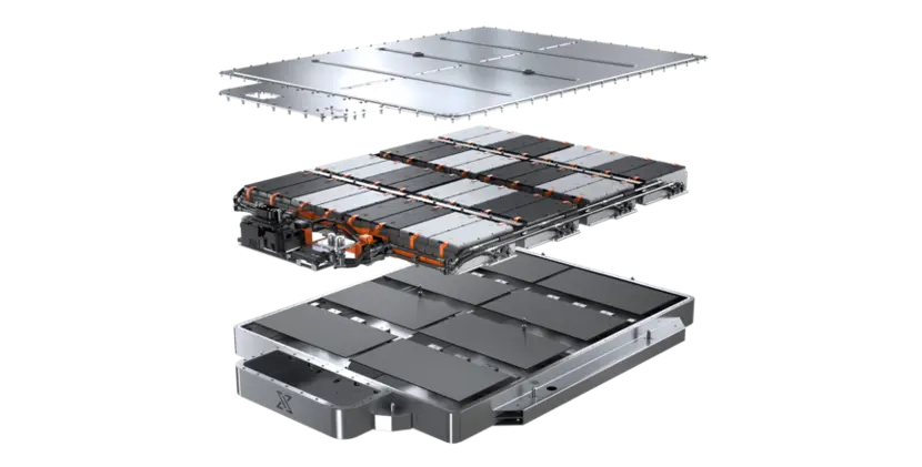 Exploded view of an EV battery pack structure for Battery SOH management visualization