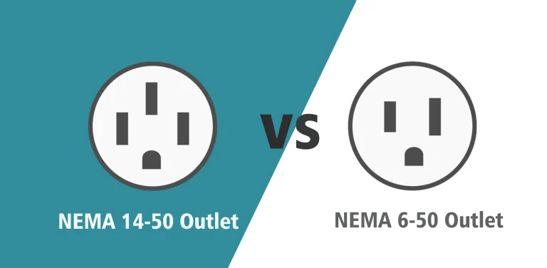 Side-by-side illustration of NEMA 14-50 vs NEMA 6-50 outlets for EV charging comparison