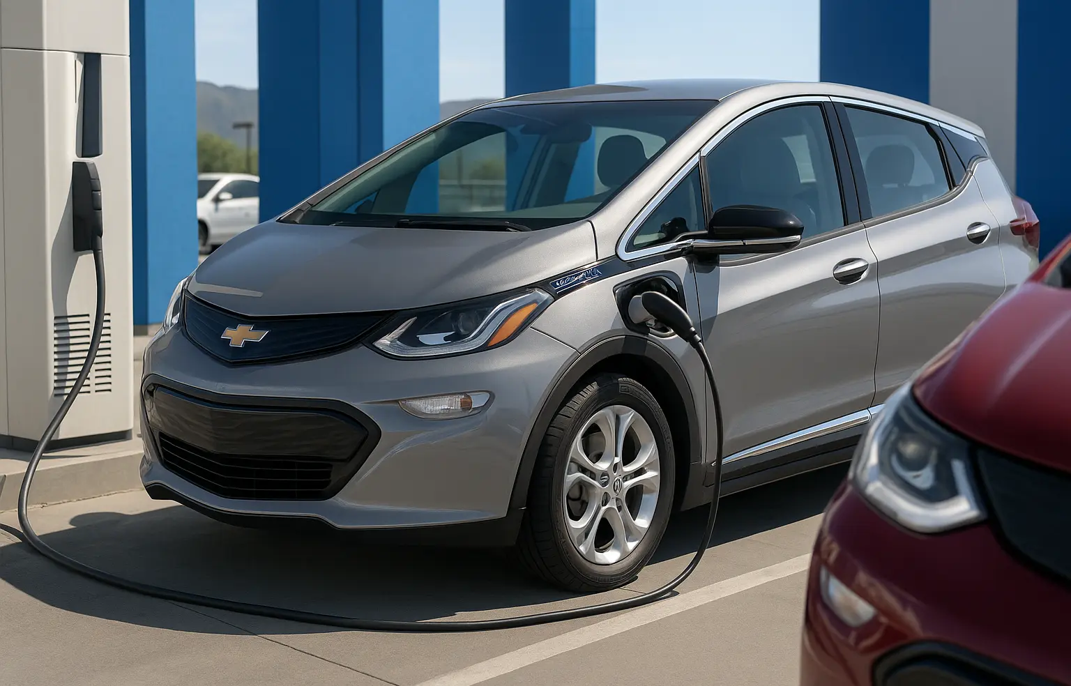 ow Long Does It Take to Charge a Chevy Bolt – Blue Chevy Bolt EV charging at urban fast charger