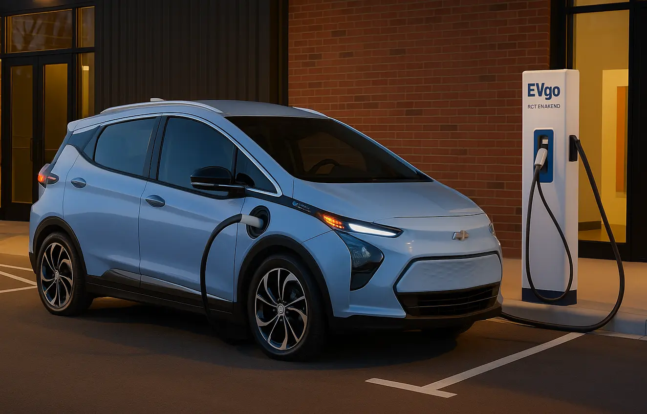 A Chevrolet Bolt EV charging at an EVgo station outside a modern commercial building at dusk, showing how much does it cost to charge a chevy bolt