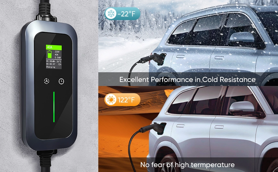 Portable EV charger working in cold -22°F and hot 122°F environments