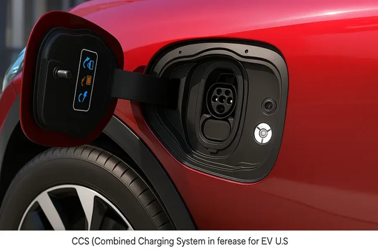 CCS charging port on a red electric vehicle for EV charging in the U.S.