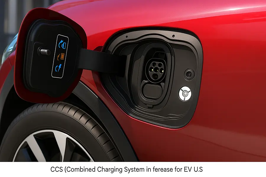 CCS charging port on a red electric vehicle for EV charging in the U.S.