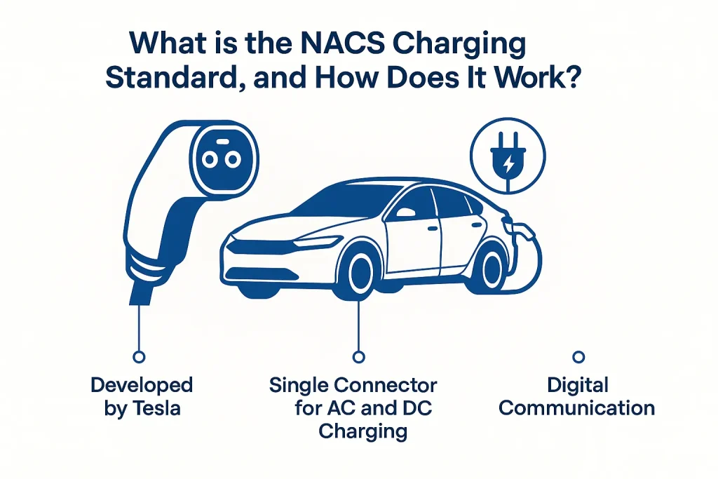 Infographic explaining what is NACS charging, developed by Tesla, with single connector for AC and DC charging