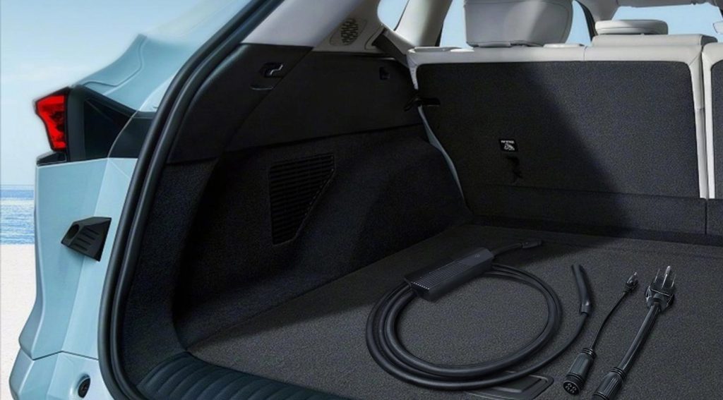 40 amp level 1 and 2 portable EV charger stored in the trunk of an electric vehicle, easy for charging on the go