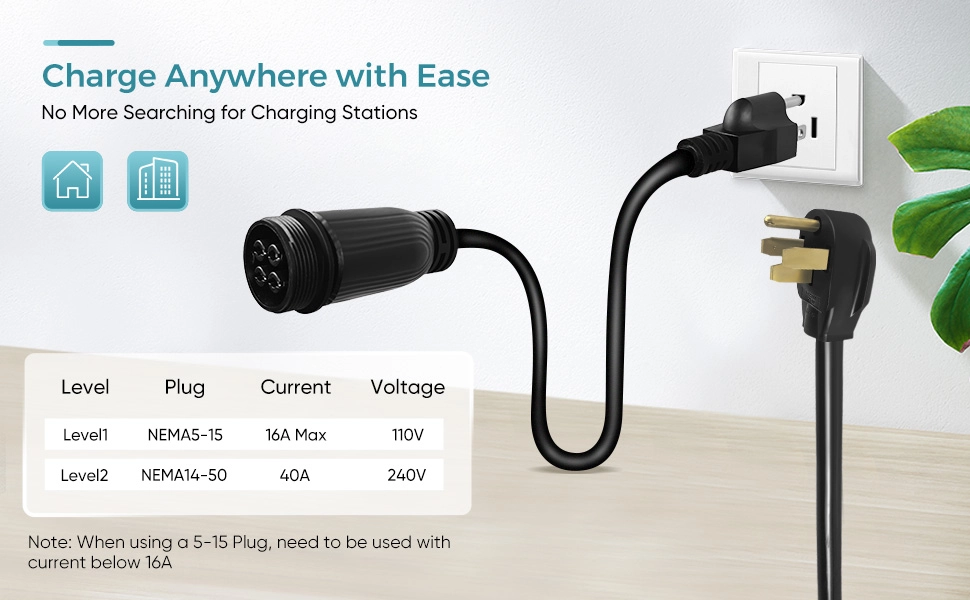 NEMA 5-15 and NEMA 14-50 plug options for 40 amp level 1 and 2 portable EV charger