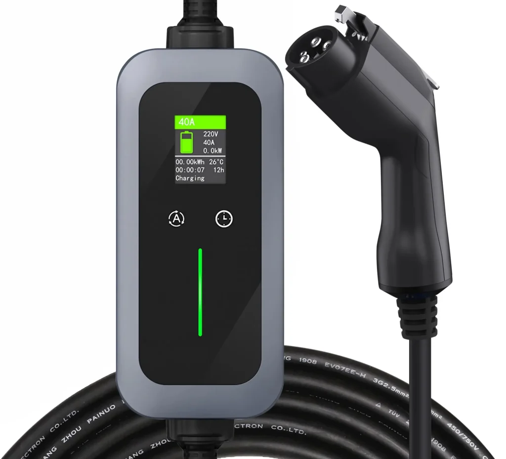 Duevolt Level 2 portable EV charger with display screen and J1772 charging plug