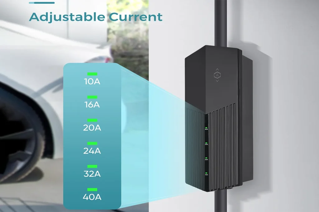 40 Amp portable EV charger with adjustable current settings from 10A to 40A