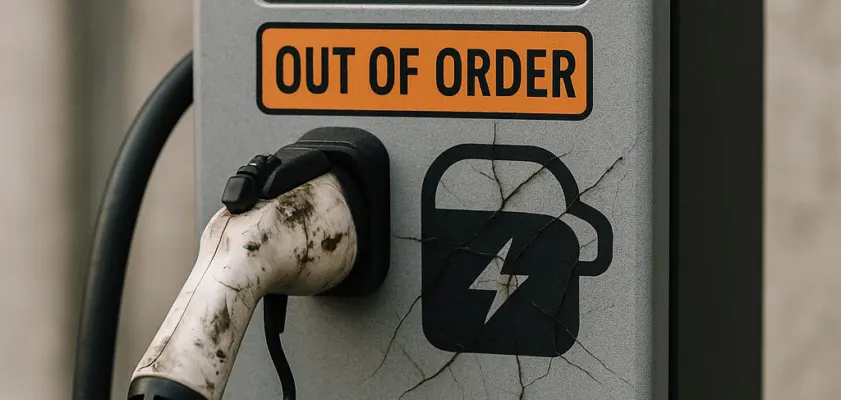 Out of order EV charging station showing need for portable EV charger for road trips