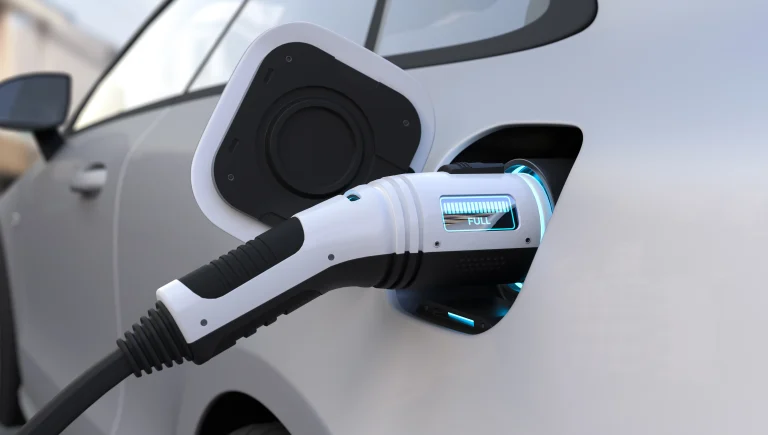 Tesla portable charger plugged into an electric vehicle showing full charge indicator