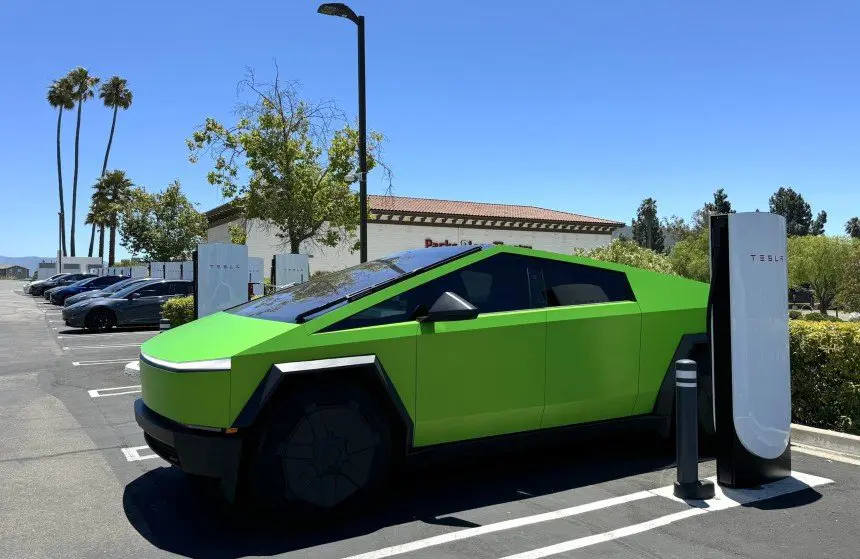 Tesla Cybertruck charging at V4 Supercharger station