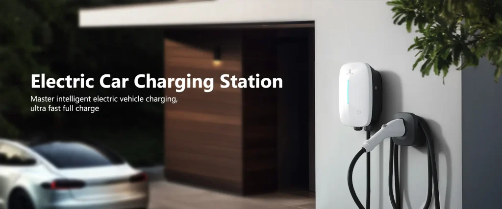 A home EVSE unit installed in a garage for residential electric vehicle charging