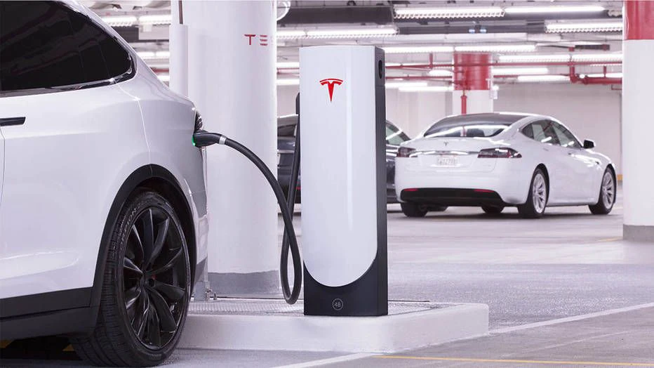 Tesla Model 3 Charging at Supercharger Station