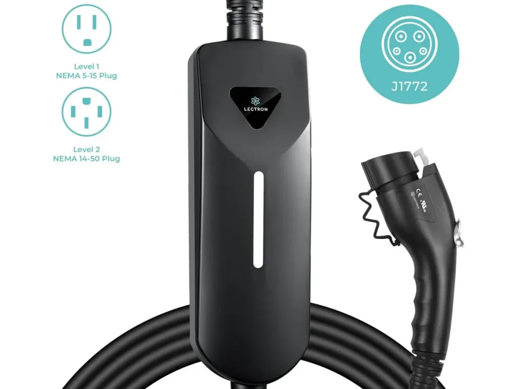 Lectron portable EV charger supporting Level 1 and Level 2 charging via NEMA 5-15 and 14-50 plugs
