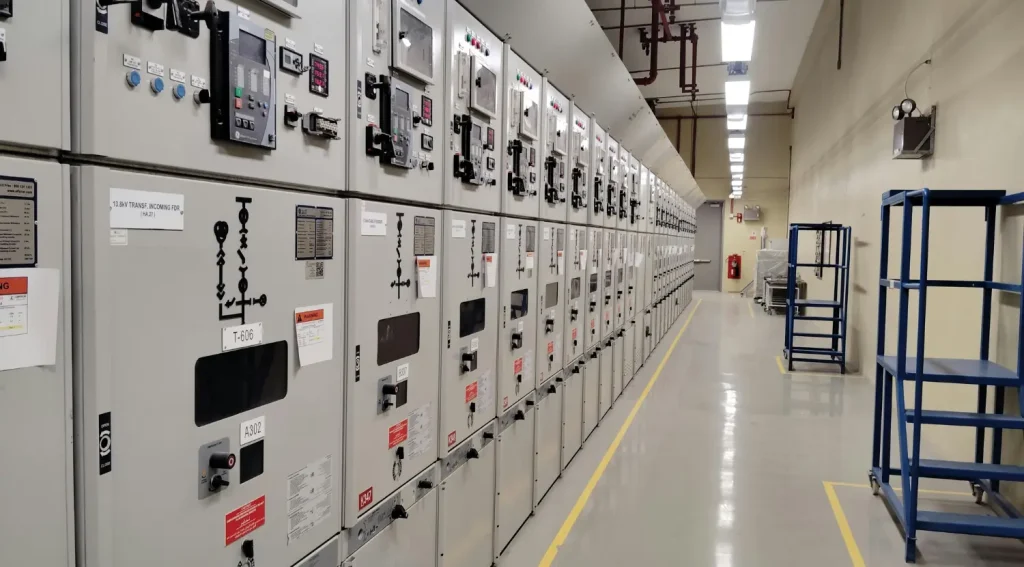 Electrical control room showing power panels
