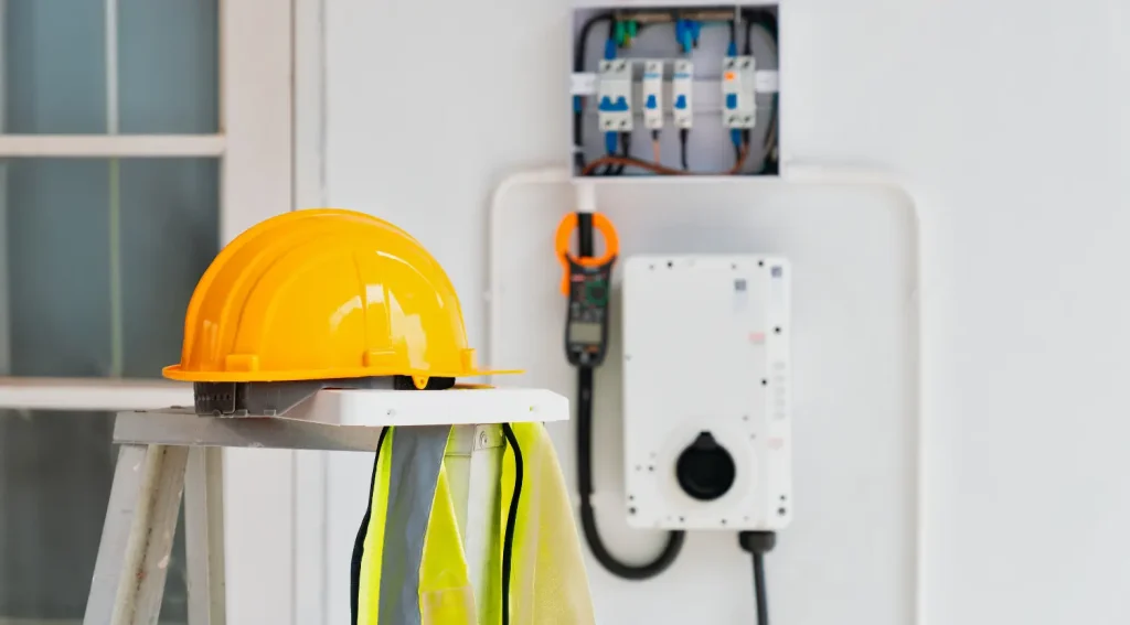 ev charger permit implied by Safety helmet and tools near home EV charger installation