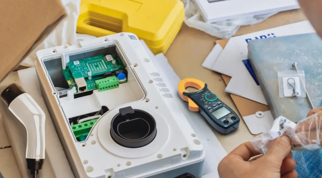 Open EVSE housing showing internal circuit boards and electrical components