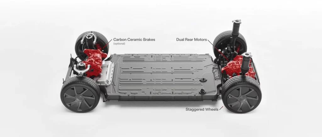 Tesla Model S dual motor powertrain and battery layout
