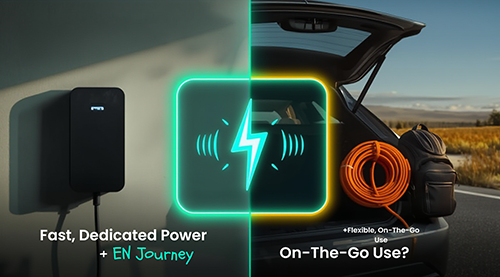 Comparison of portable EV charger and home EV charger showing flexibility vs fast dedicated power