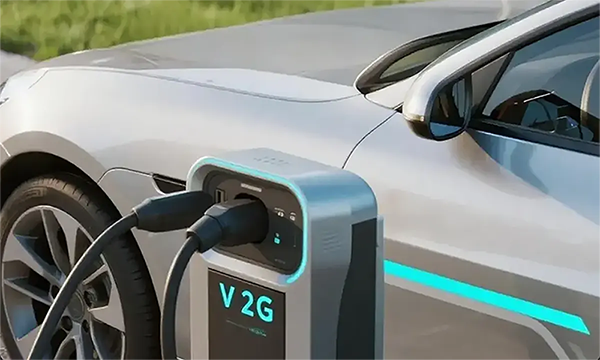 Electric car charging with V2G station representing vehicle-to-grid technology