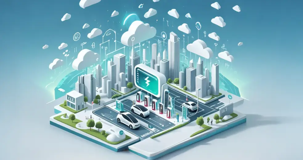 Illustration of smart city with V2G-powered EV charging stations