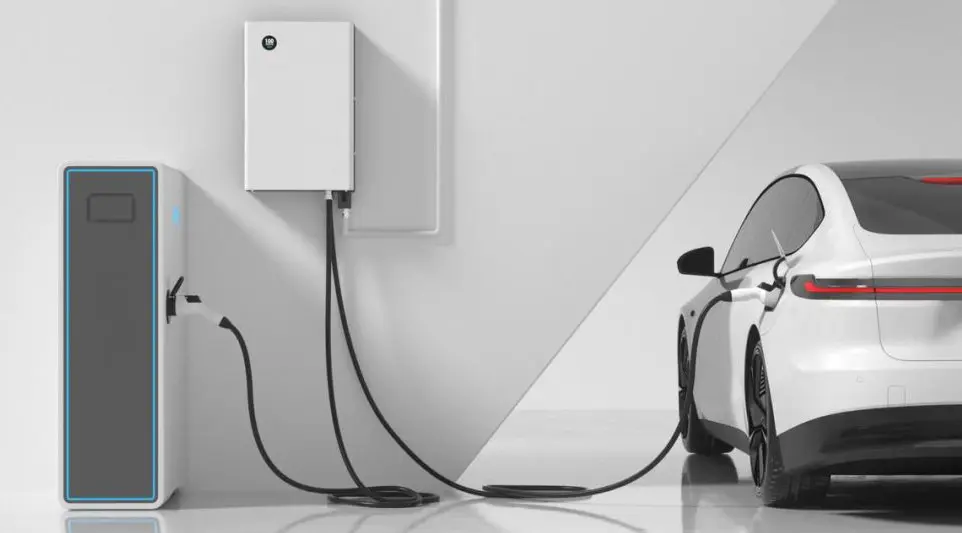 Charging flow diagram showing bidirectional EV charger drawing power from grid to vehicle
