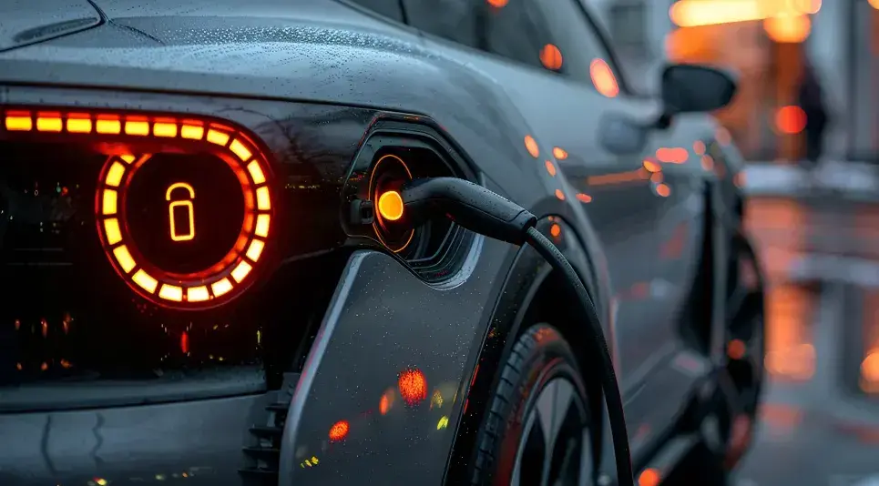 Electric vehicle charging in rainy weather with illuminated tail lights