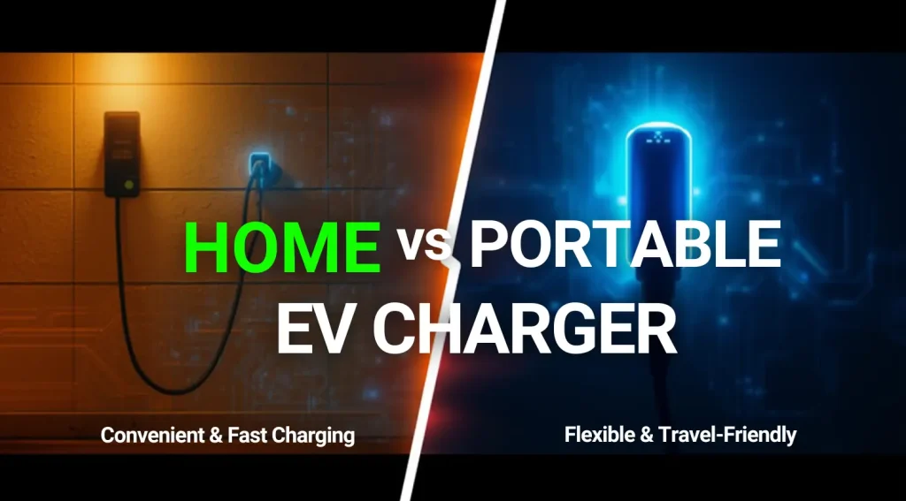 Side-by-side comparison showing home EV charger and portable EV charger differences