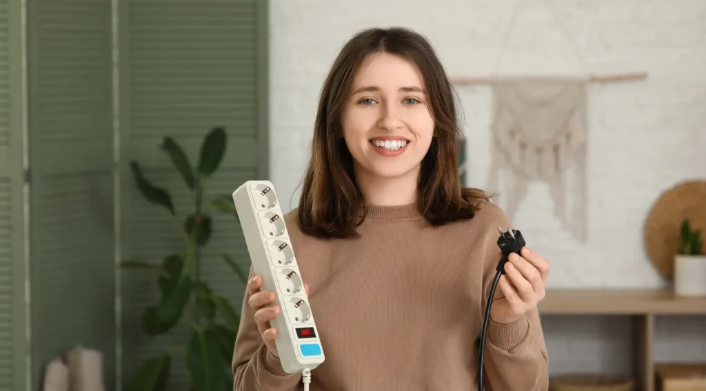 woman holding standard extension cord illustrating EV charging risks