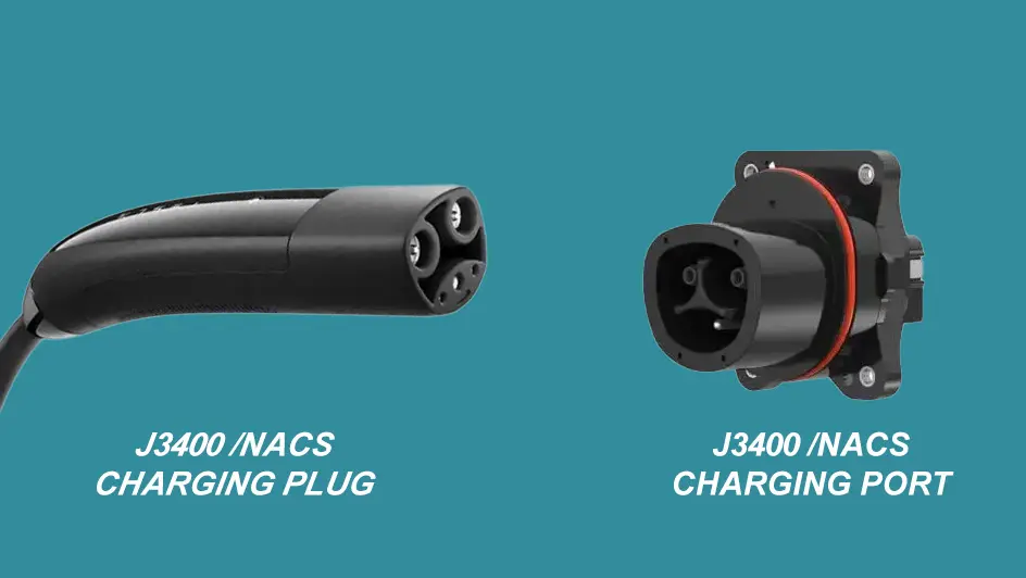 SAE J3400 charging plug and charging port shown side by side on a teal background