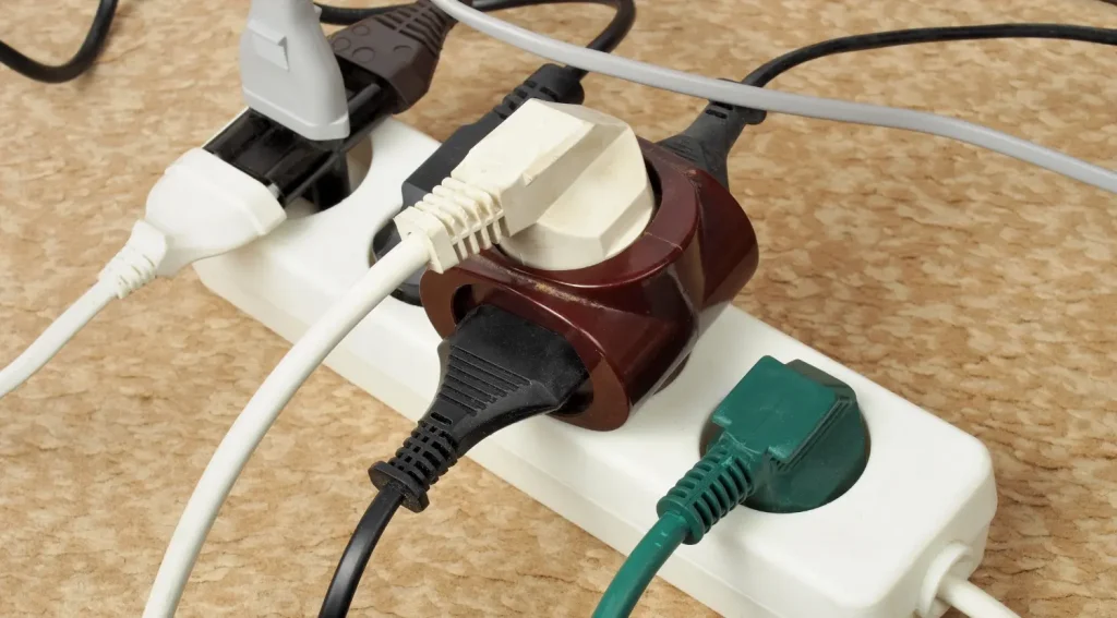 overloaded power strip showing dangers similar to EV extension cord use