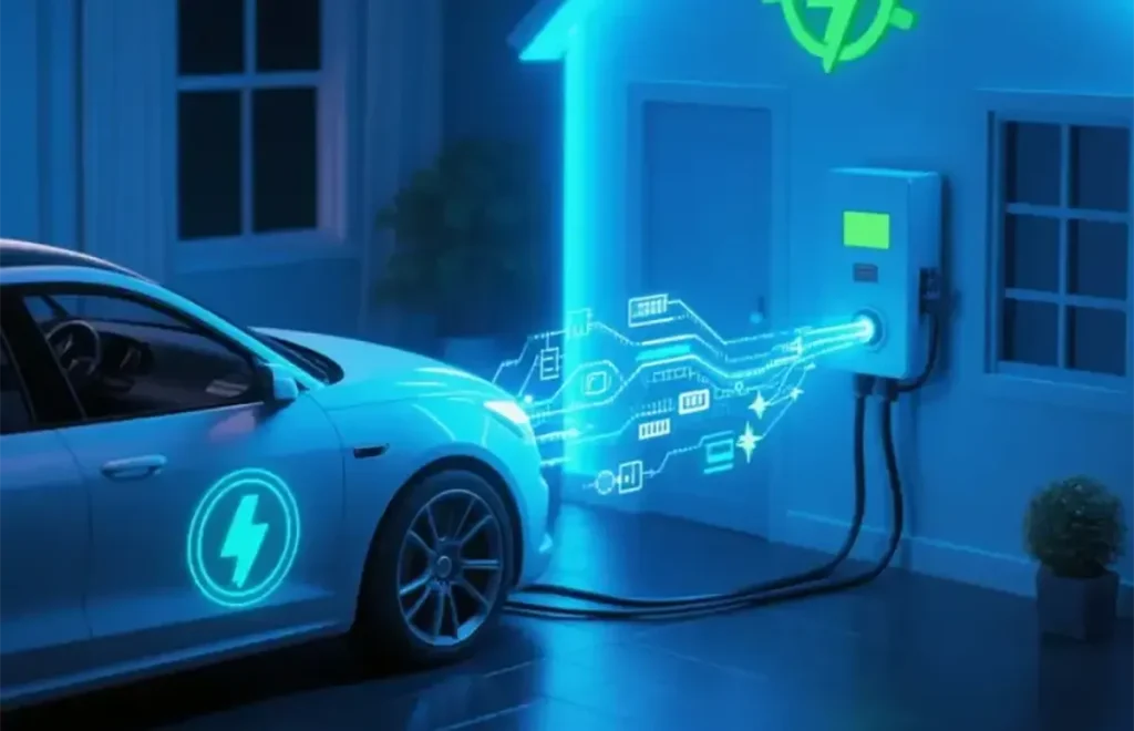 EV plugged into home charger with green light indicator showing V2G readiness