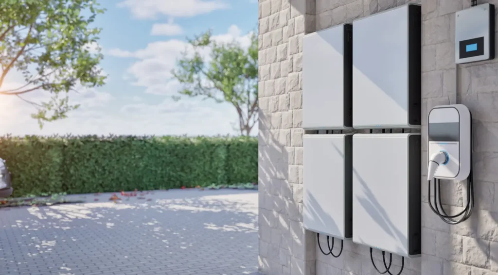 Home EV charger mounted beside a residential battery storage system