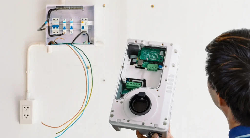 Electrician installing a home EV charger on a wall circuit