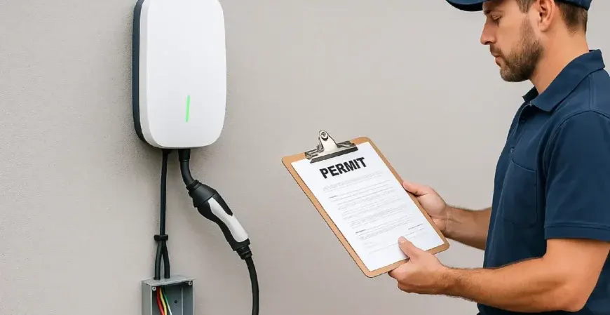 Electrician reviewing a permit document for Home EV Charger installation