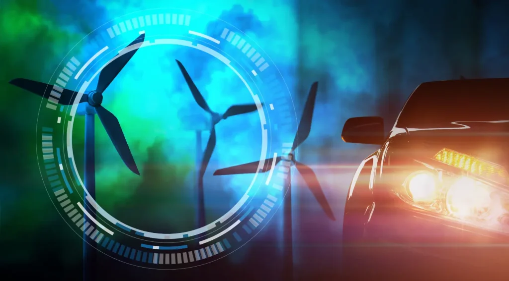 Car with wind turbines symbolizing renewable energy and V2G system
