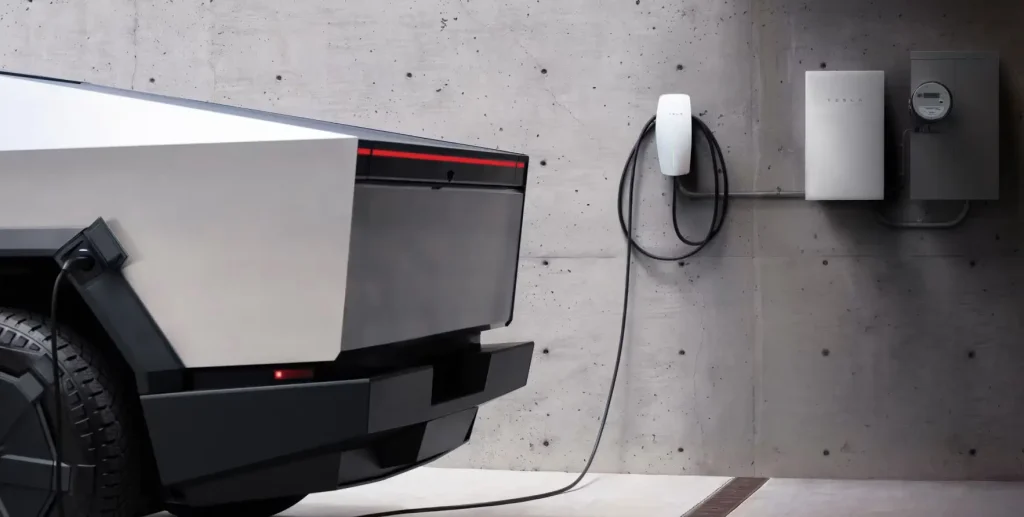 Tesla Cybertruck connected to a home PowerShare bidirectional EV charger for V2H backup