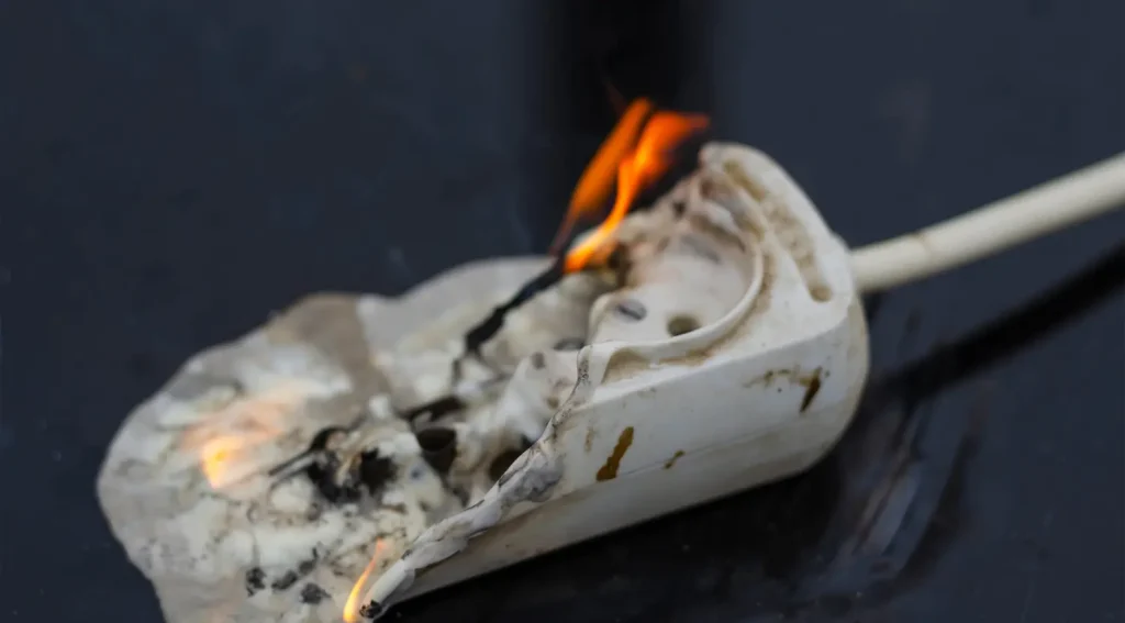 melted electrical outlet showing extension cord fire hazard