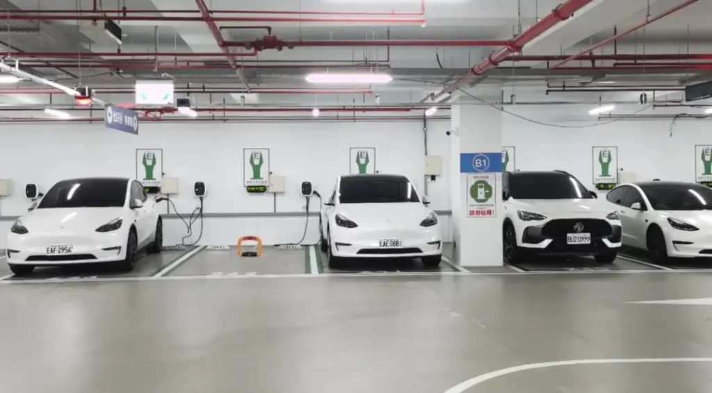 EV chargers in a residential apartment parking area managed through EV Charger Load Management