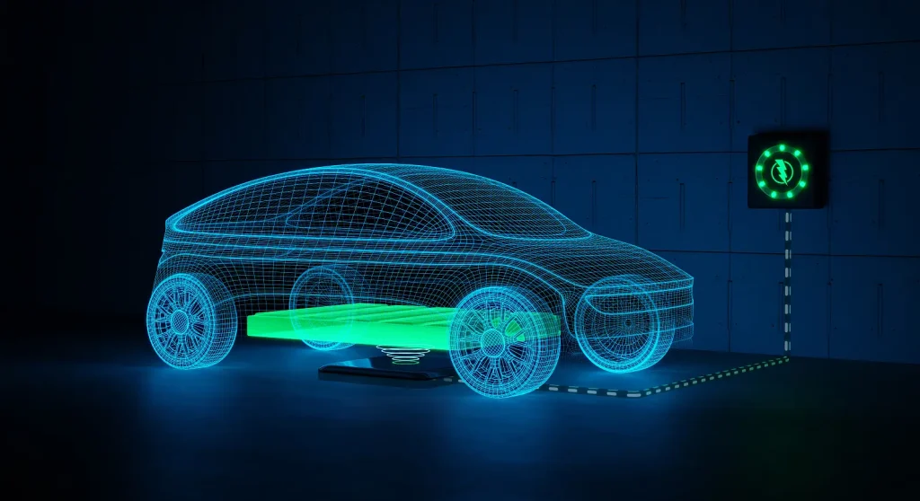 3D model showing wireless EV charging energy transfer from pad to vehicle battery