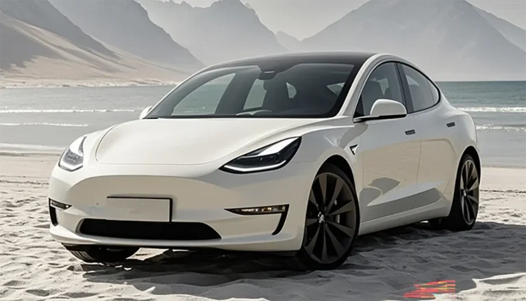 Tesla mileage example on a used Tesla Model 3 demostrated on the sand