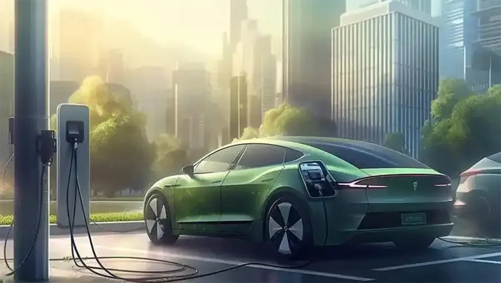 Electric vehicle charging in a city environment illustrating battery lifespan and sustainability