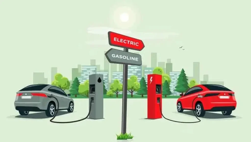 Tesla mileage compared to gasoline car mileage in electric vs gas illustration