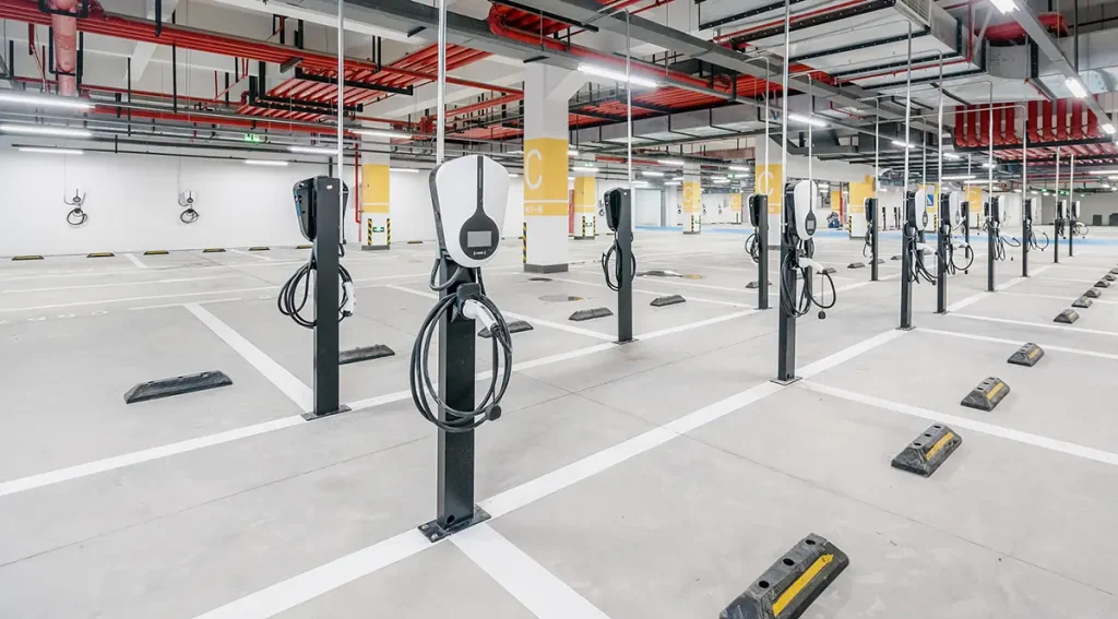 multiple level 2 chargers installed in commercial parking garage