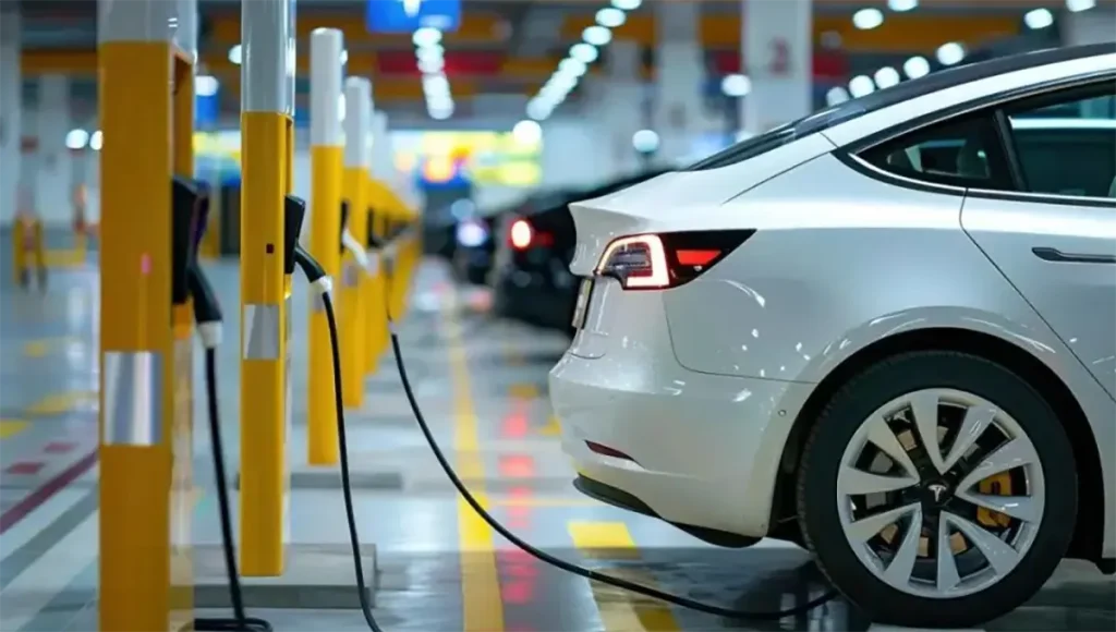 how long do electric car batteries last: Electric car charging in a parking garage showing everyday battery usage
