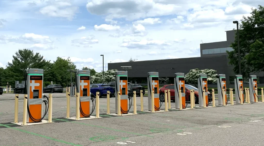 Multiple ChargePoint Level 3 EV chargers installed at a public DC fast charging site