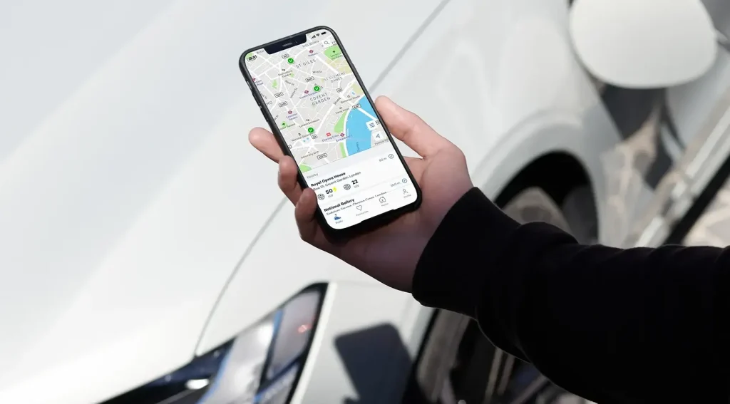 best EV charging app interface showing nearby public charging stations