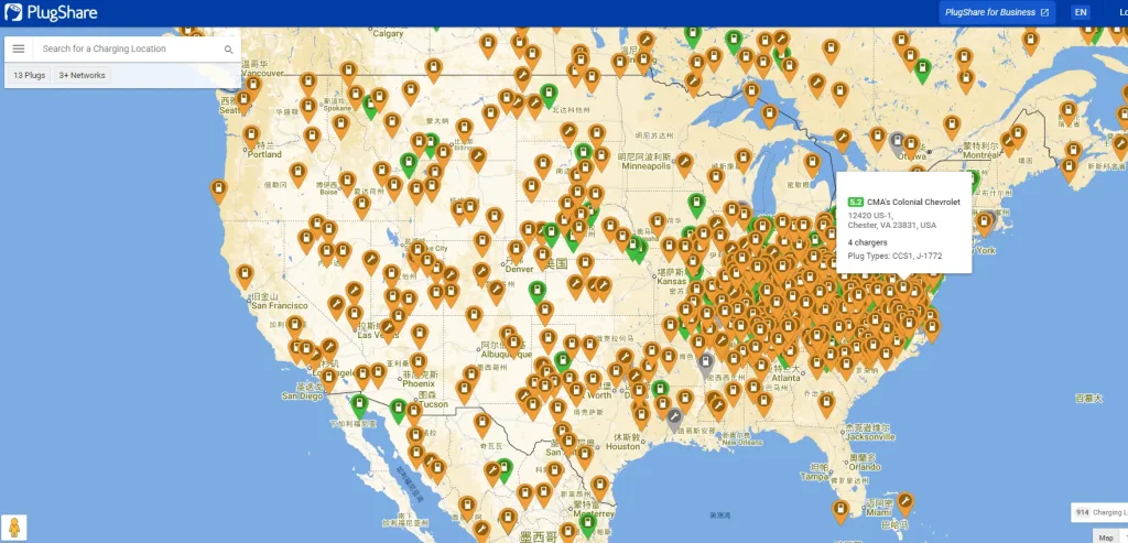 PlugShare map showing extensive EV charging station coverage